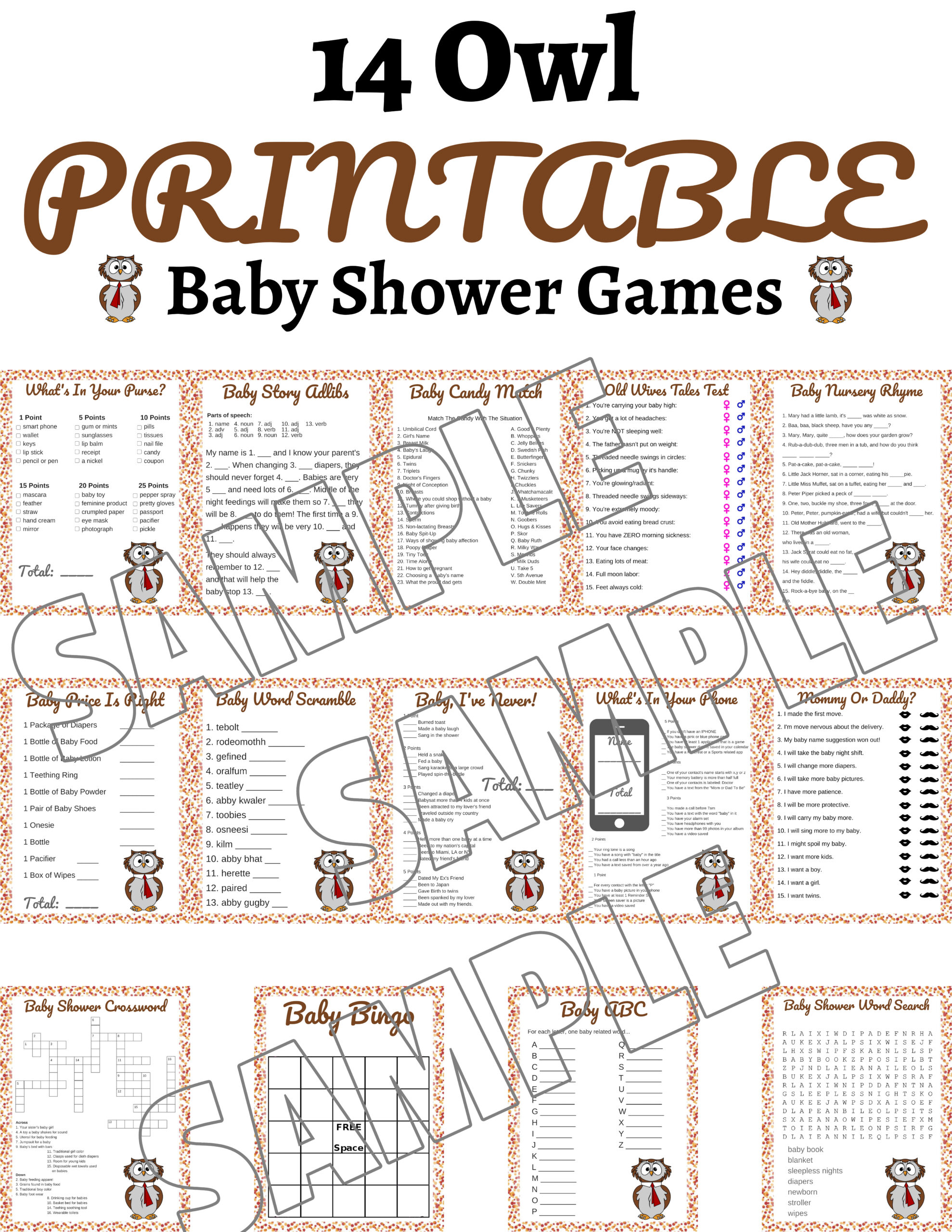 Owl Baby Shower Game Bundle Plus Banner - Digital You Publishing